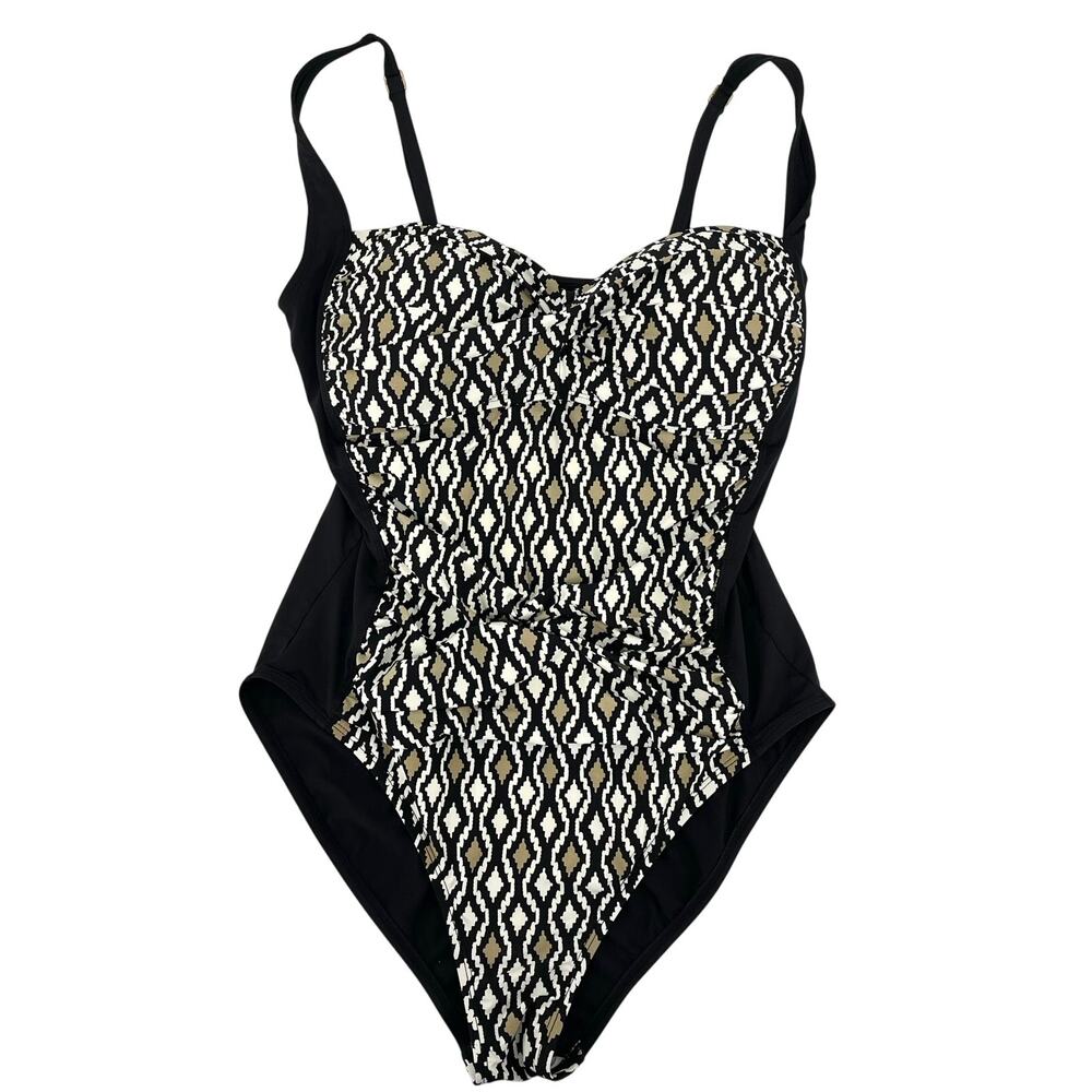 La Blanca Women’s 14 Black White Beige One-Piece‎ Swimsuit Ruched Geometric Bra